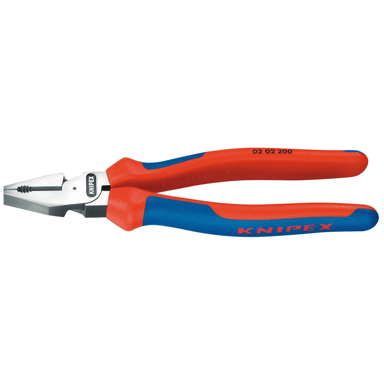 A pair of Draper Knipex 02 02 200 Sb High Leverage Combination Pliers, 200mm - 02 02 200 SB with red and blue handles, featuring "Made in Germany" on the metal part. These high-leverage combination pliers are perfect for cutting wires with ease.