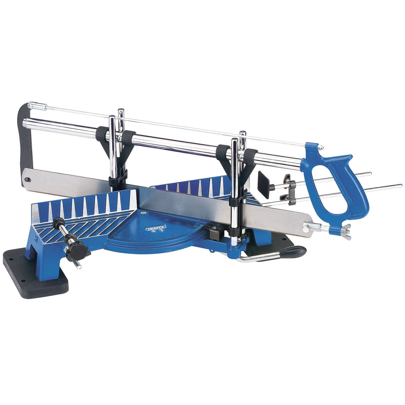 The Draper Precision Mitre Saw (PMS/550), with a blue and silver finish, features adjustable angles, a serrated blade, and a sturdy base for accurate cutting of materials like wood and plastic.