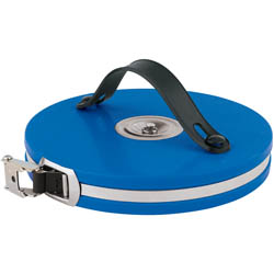 A Draper Fibreglass Measuring Tape, 10M/33Ft X 13mm - STFG featuring a blue ABS plastic case, a black handle, and a metal clasp on one end.