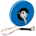 The Draper Fibreglass Measuring Tape, 20M/66Ft x 13mm - STFG, features an ABS plastic case in blue and a white retractable tape with a stainless steel holding claw at the end. The tape is marked in red and black increments and is slightly extended out.