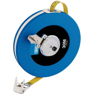 The Draper Steel Measuring Tape, 30M/100Ft X 13mm - SST30 is a 30-meter blue measuring tape with a yellow tape, featuring a stainless steel holding claw and a durable ABS plastic case.