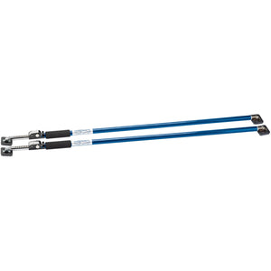 Two Draper Quick Action Telescopic Support Rods - QS/2 with blue poles, black grips, and metal mechanisms at the ends, laid side by side on a white background, are designed for heavy-duty tubular construction ideal for plasterboard installation.