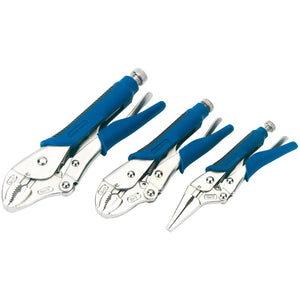 Three Draper Soft Grip Self Grip Pliers of varying sizes, crafted from chrome vanadium steel and featuring blue handles, are arranged side by side on a white background.