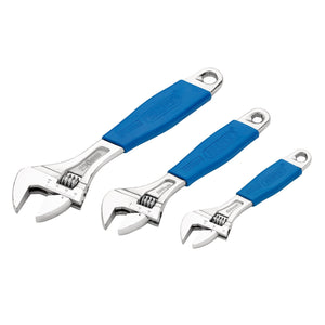 Draper Crescent-Type Adjustable Wrench Set (3 Piece) - 380CD/SG3, featuring three wrenches of assorted sizes with soft grip blue handles, crafted from durable carbon steel, arranged in descending order from left to right.