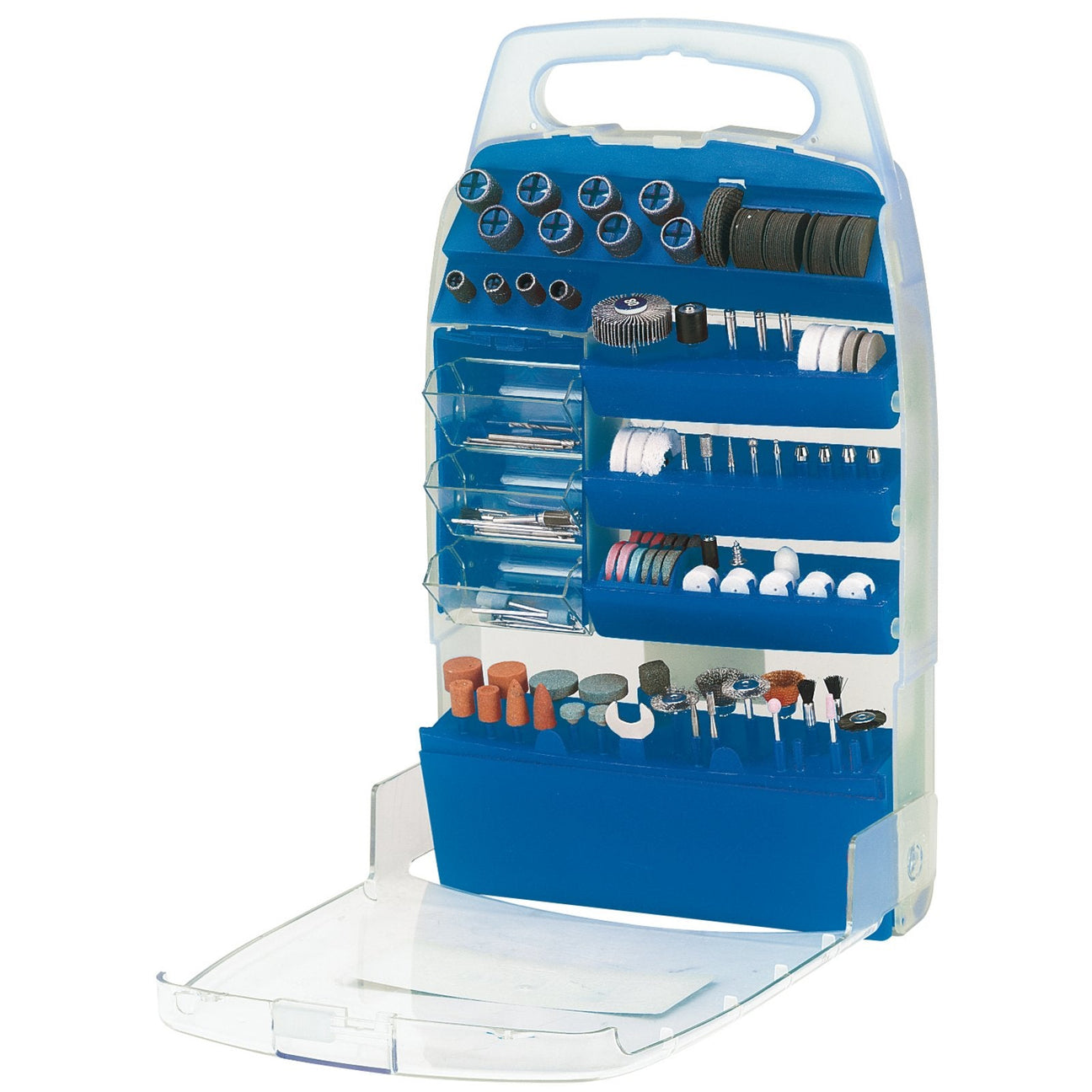 Image of a well-organized Draper Accessory Kit For Multi-Tools (200 Piece) - APT104, showcasing an array of assorted drill bits, grinders, and accessories, all neatly arranged on a blue multi-shelf stand with a transparent cover. This setup highlights the variety and versatility of Draper tools, making it perfect for anyone who values efficient storage solutions.