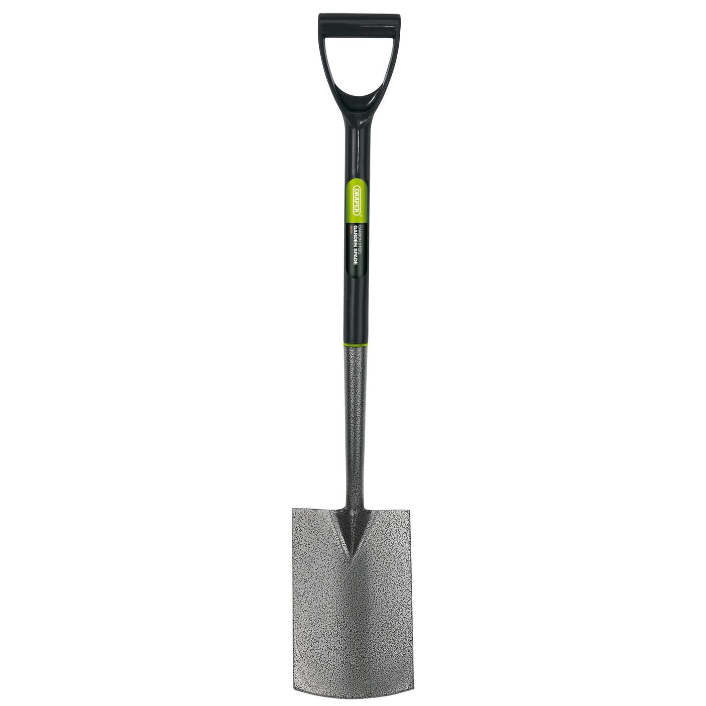 The **Draper Carbon Steel Garden Spade - GCSDS/I** by **Draper** is a steel digging spade with a plastic Y-dee handle and a green label near the grip. Made from epoxy-coated carbon steel, this spade features a tapered, flat blade.