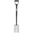 The Draper Carbon Steel Border Fork - GCSBF/I, by Draper, features a black handle and four hardened, tempered metal tines designed for digging and loosening soil.