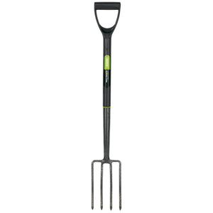 The Draper Carbon Steel Border Fork - GCSBF/I, by Draper, features a black handle and four hardened, tempered metal tines designed for digging and loosening soil.