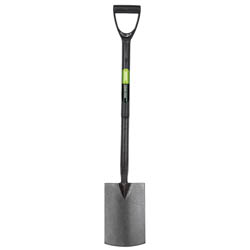 The Draper Extra Long Carbon Steel Garden Spade - GCBS-EL/I features a black, long handle with an ergonomic D-shaped grip at the top and an epoxy-coated carbon steel blade for superior durability.