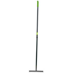 The Draper Carbon Steel Garden Rake - GCSGR/I, crafted by Draper, features a long handle with a twelve-tooth head, green grip, and metal tines, making it ideal for leveling soil or gathering leaves.