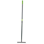 The Draper Carbon Steel Garden Rake - GCSGR/I, crafted by Draper, features a long handle with a twelve-tooth head, green grip, and metal tines, making it ideal for leveling soil or gathering leaves.