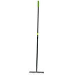 The Draper Carbon Steel Garden Rake - GCSGR/I, crafted by Draper, features a long handle with a twelve-tooth head, green grip, and metal tines, making it ideal for leveling soil or gathering leaves.