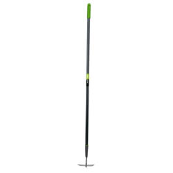 The Draper Carbon Steel Draw Hoe - GCSDH/I by Draper features a tubular steel handle with a green grip near the top and an epoxy-coated, pressed steel blade at the bottom.