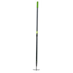 The Draper Carbon Steel Draw Hoe - GCSDH/I by Draper features a tubular steel handle with a green grip near the top and an epoxy-coated, pressed steel blade at the bottom.