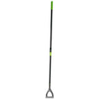 Image of the Draper Carbon Steel Dutch Hoe - GCSDU/H/I featuring a tubular steel handle with a green plastic hand grip at the top and a D-shaped handle at the bottom. The black handle also boasts a green accent near the middle, complementing its pressed steel blade for efficient gardening.