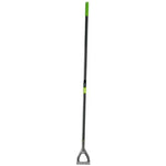 Image of the Draper Carbon Steel Dutch Hoe - GCSDU/H/I featuring a tubular steel handle with a green plastic hand grip at the top and a D-shaped handle at the bottom. The black handle also boasts a green accent near the middle, complementing its pressed steel blade for efficient gardening.