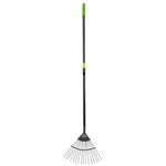 The Draper Carbon Steel Lawn Rake - GCSLR/I, a metal leaf rake from Draper, features a green plastic hand grip and a long black tubular steel handle along with flexible steel tines arranged in a fan shape.