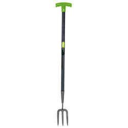 The Draper Extra Long Carbon Hand 'T' Fork - DCTF-EL/I by Draper features a tubular steel handle, a green plastic 'T' grip, and three metal tines at the bottom.