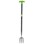 The Draper Extra Long Carbon Hand 'T' Fork - DCTF-EL/I by Draper features a tubular steel handle, a green plastic 'T' grip, and three metal tines at the bottom.