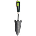 The Draper Carbon Steel Transplanting Trowel - GCHTT/I by Draper features a textured, epoxy-coated carbon steel blade and a green and black handle with inch graduations and a hole for hanging.