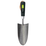 The Draper Carbon Steel Heavy Duty Hand Trowel - GCHT/I features a black and green plastic handle with a hanging loop at the top. The tempered carbon steel blade boasts a textured, weathered appearance.