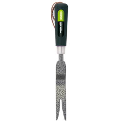 The Draper Carbon Steel Heavy Duty Hand Weeder - GCHW/I is a handheld gardening tool featuring a green and black handle attached to a metal forked prong. It is crafted from hardened carbon steel for durability and includes a convenient leather wrist strap for easy carrying, making it perfect for efficient weed removal.