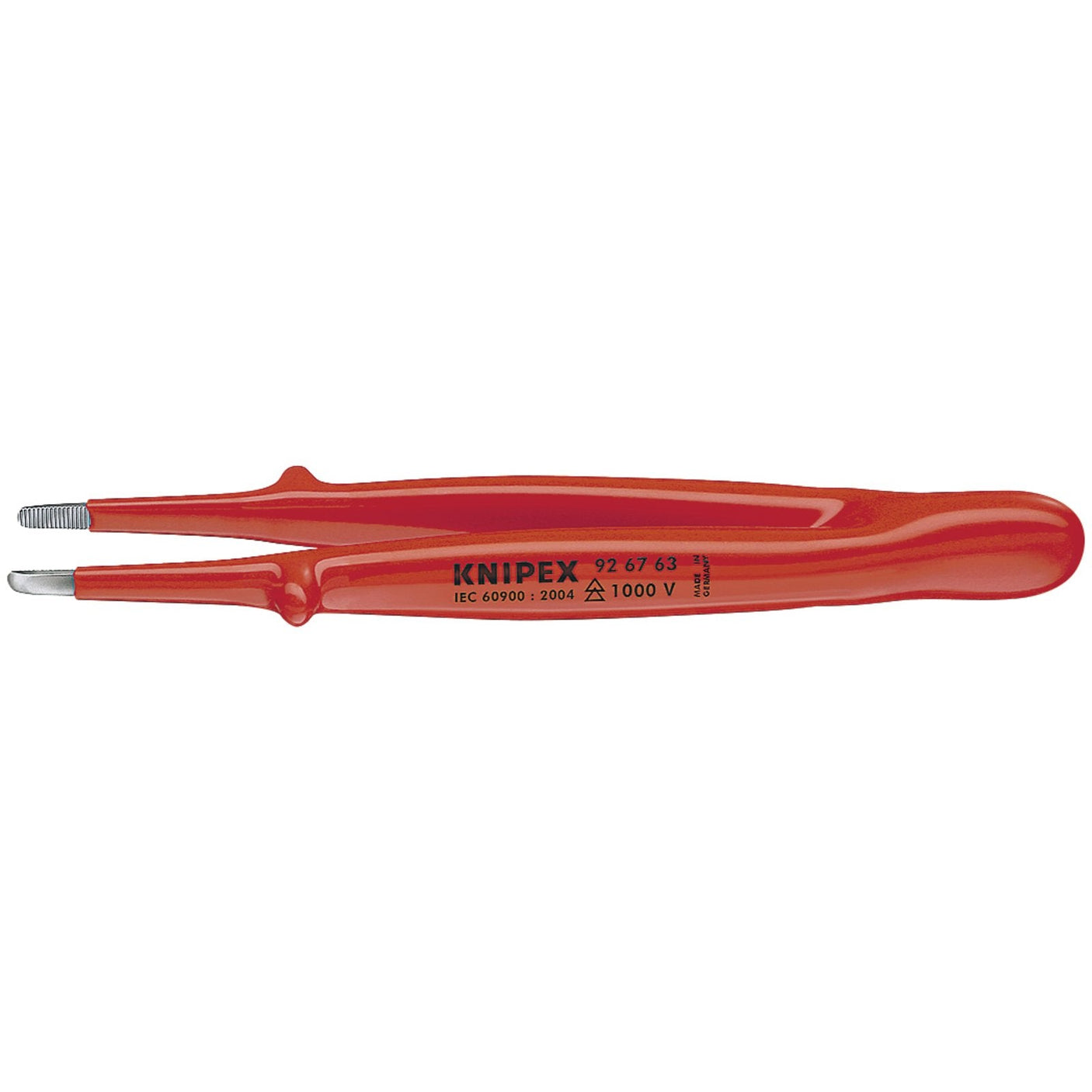 The Draper Knipex 92 67 63 Fully Insulated Precision Tweezers, featuring a red design with a high voltage rating printed on the handle and anti-slip guards for enhanced safety.