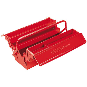 The Draper Extra Long Four Tray Cantilever Tool Box, 530mm - TB530, made from heavy gauge sheet steel, is shown open, displaying its multiple compartments and sturdy tubular handle.