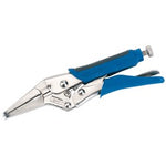 The Draper Soft Grip Long Nose Self Grip Pliers, 165mm - 9006SG, crafted from durable chrome vanadium steel, feature blue rubber grip handles, a long and narrow jaw with serrated gripping surfaces, and an adjustment screw at the rear.