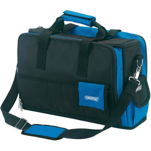 Introducing the Draper Technician's Laptop Tool Case, 470mm - TBO, a high-quality black and blue toolkit bag made from water-repellent polyester. It features multiple pockets for seamless organization, a prominently displayed "Draper" logo on the front pocket, and an adjustable carrying handle for added convenience.