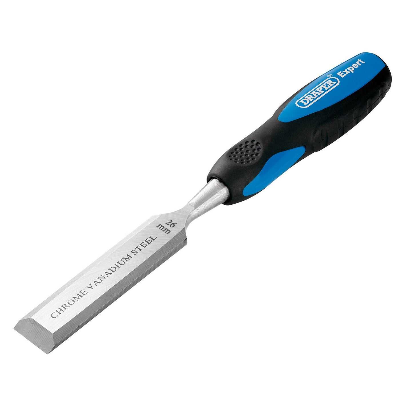 A Draper Wood Chisel, 26mm - WCSG with a chrome vanadium steel blade, impact-resistant handles, and a rubber-coated blue and black grip labeled "DRAPER Expert.