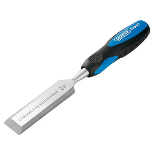 A 32mm Draper wood chisel featuring durable, impact-resistant blue and black handles, prominently labeled "Draper Expert" and made from chrome vanadium steel.