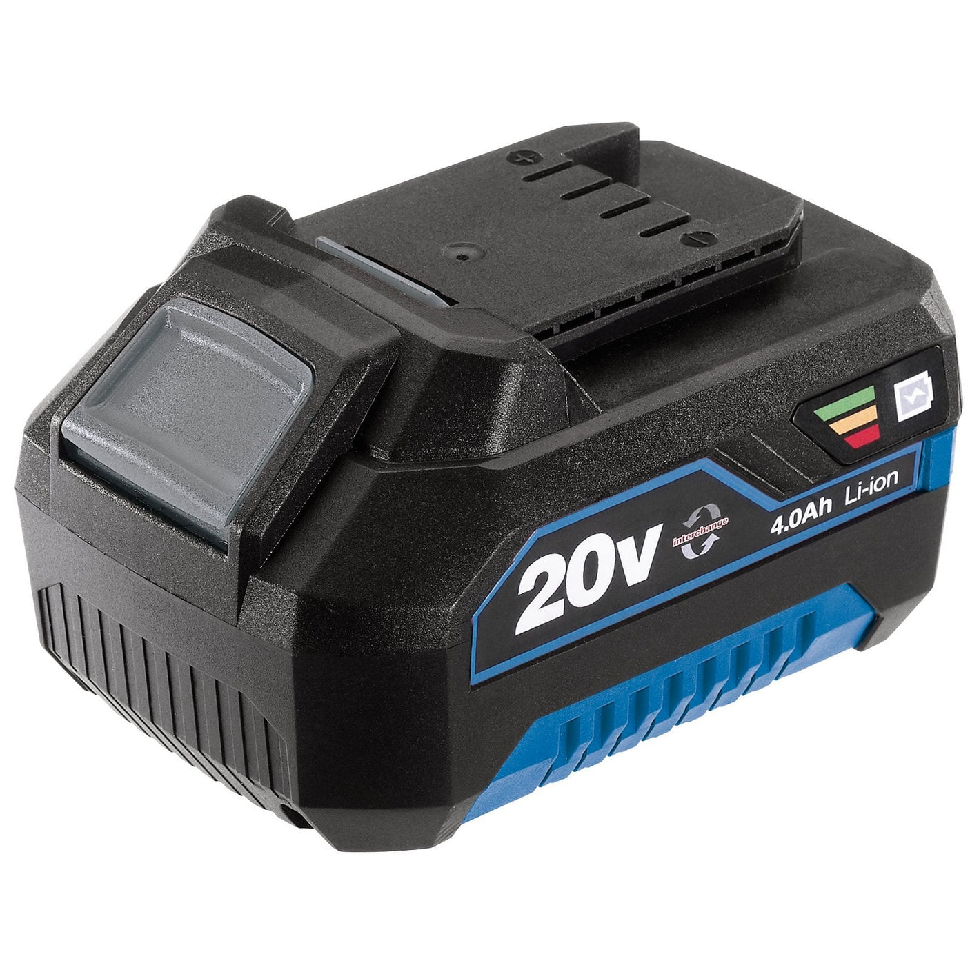 The Draper Storm Force® 20V Li-Ion Battery, 4.0Ah - B20LISF by Draper features a black body with blue accents and is equipped with a power gauge indicator that displays green, yellow, and red lights.