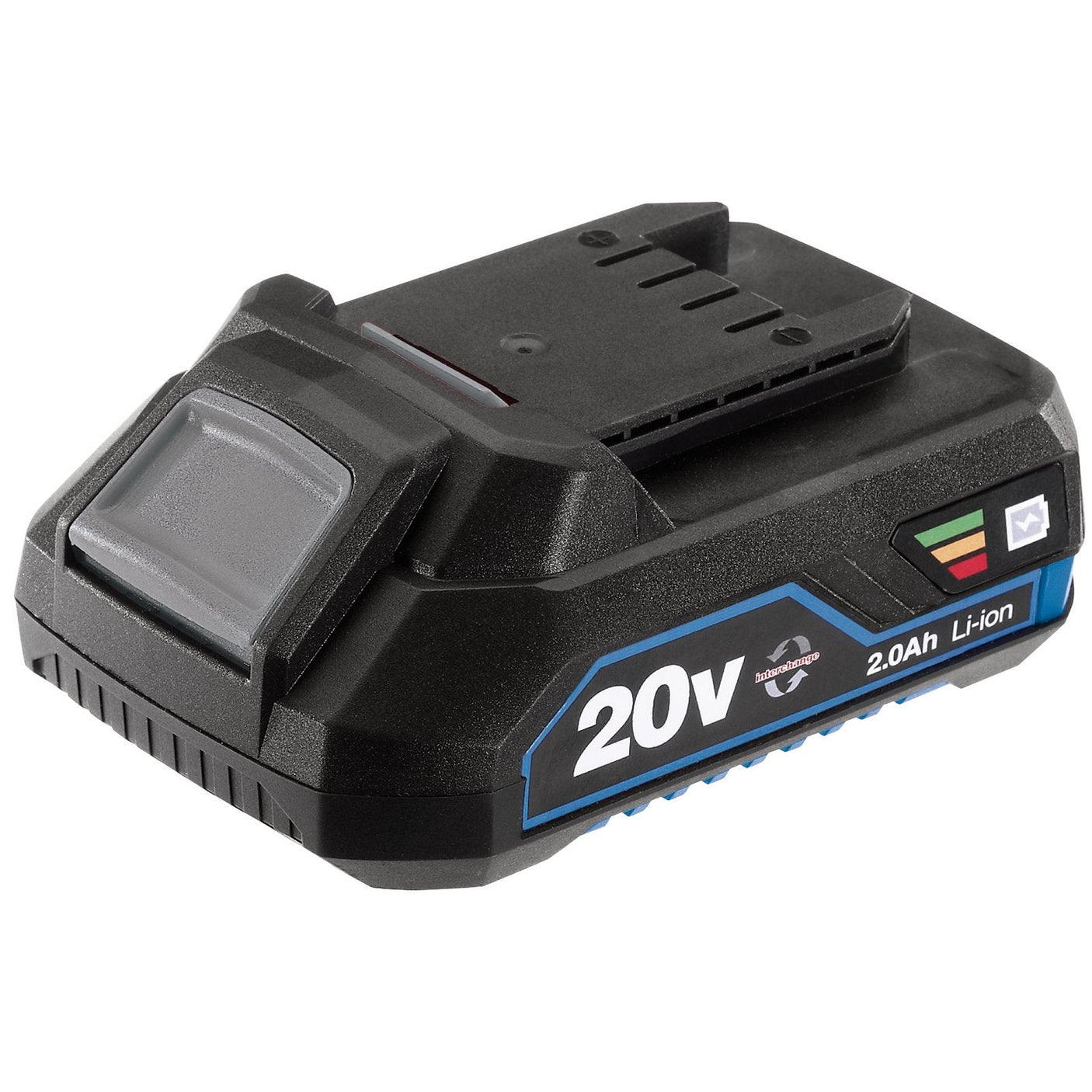 A Draper Storm Force® 20V lithium-ion battery pack with a 2.0Ah capacity and indicator lights, designed for use with compatible power tools.