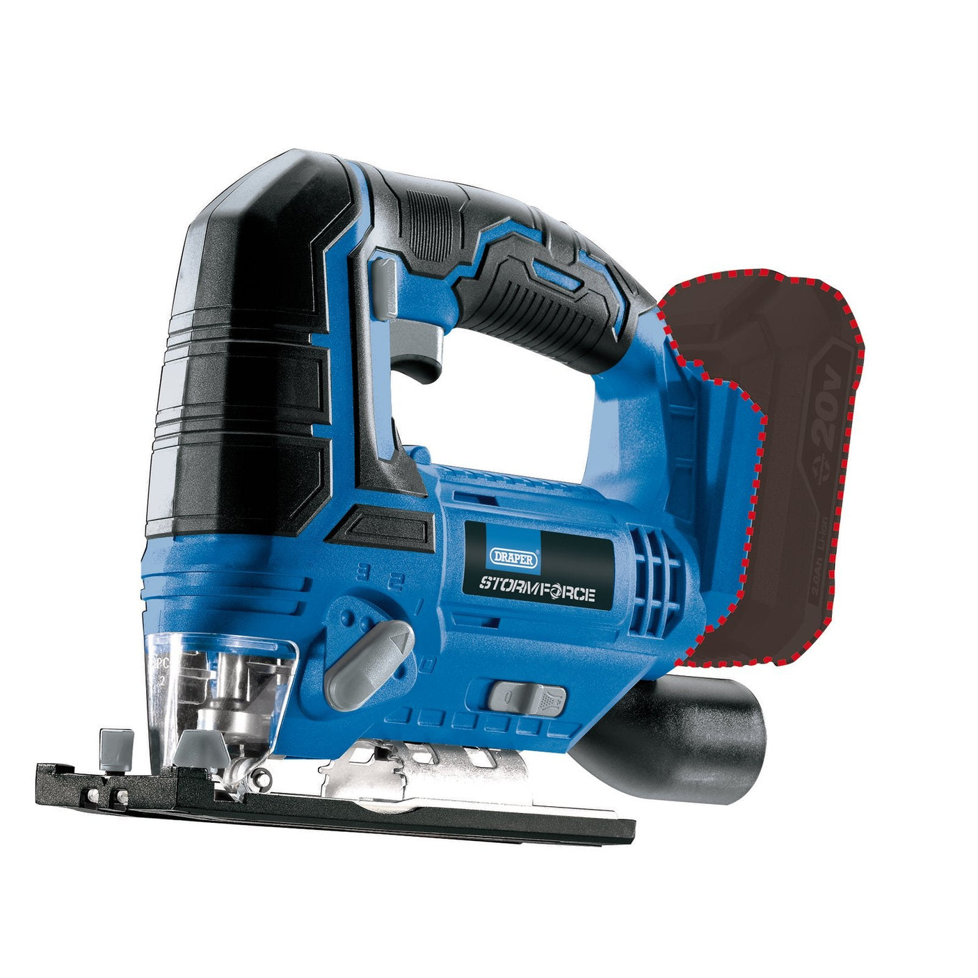 The Draper Storm Force® 20V Jigsaw (Sold Bare) - CJ20SF, a blue and black cordless tool from the Draper brand, includes a partially transparent battery pack showcasing its 20V Power Interchange system and features a quick-change blade mechanism for seamless transitions.