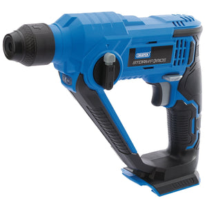 Image of the Draper Storm Force® 20V SDS+ Rotary Hammer Drill (Sold Bare) - CSDS20SF, featuring a blue and black rugged design with a side handle grip. The branding is clearly visible on the side, highlighting its compatibility with the 20V interchangeable battery system.