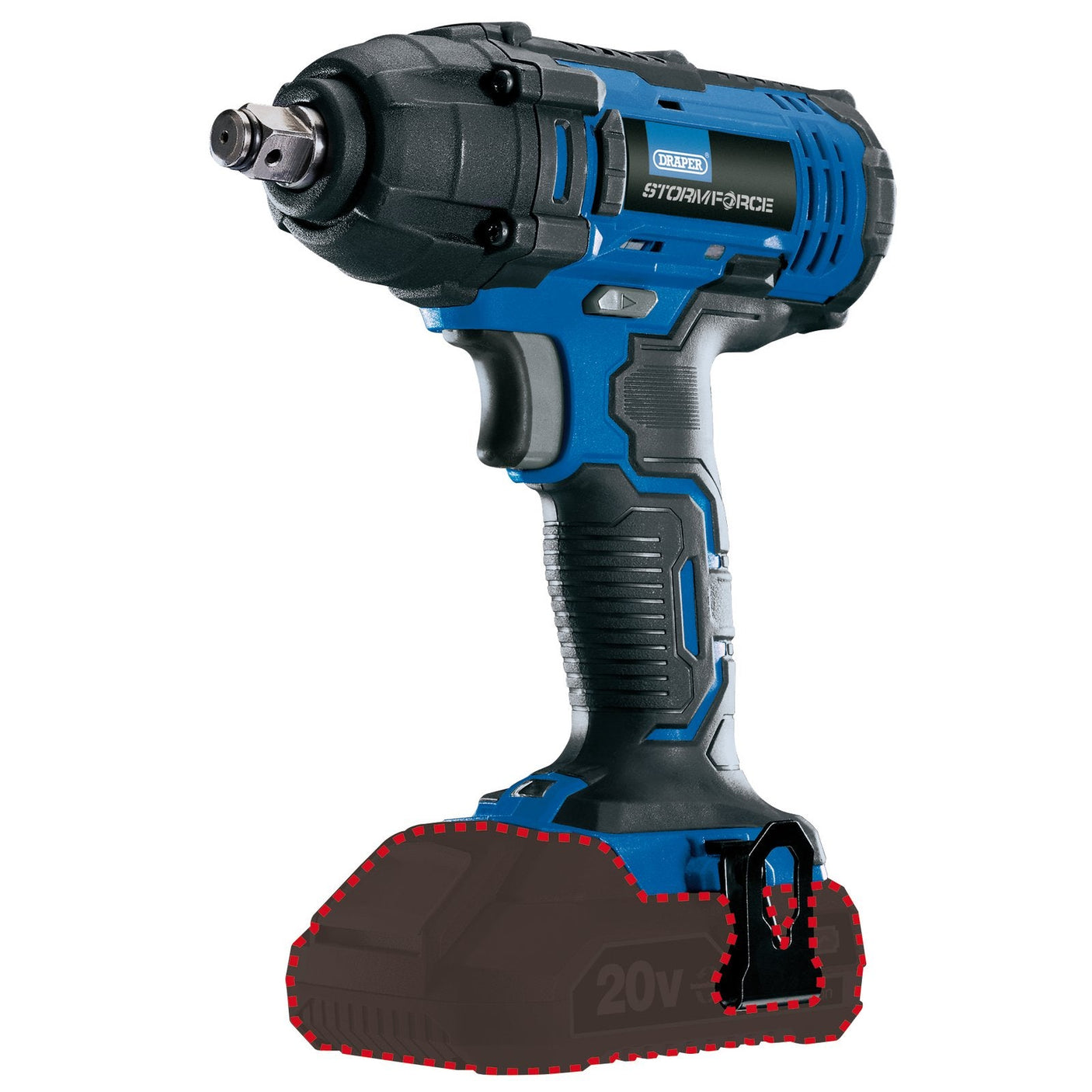 Draper Storm Force 20V Mid-Torque Impact Wrench, CIW20SF, features a blue and black design with a 1/2" square drive, variable speed trigger, LED worklight, and is shown isolated on a white background.