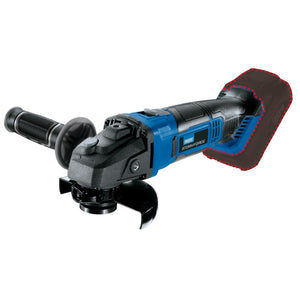 The Draper Storm Force® 20V Angle Grinder, 115mm (Sold Bare) - CAG20SF features a blue and black cordless design complete with a side handle, grinding guard, and safety guard. The rear battery slot is highlighted in red to indicate that the battery is not attached. As part of the Draper Storm Force range, it benefits from a 20V Power Interchange for seamless power management.