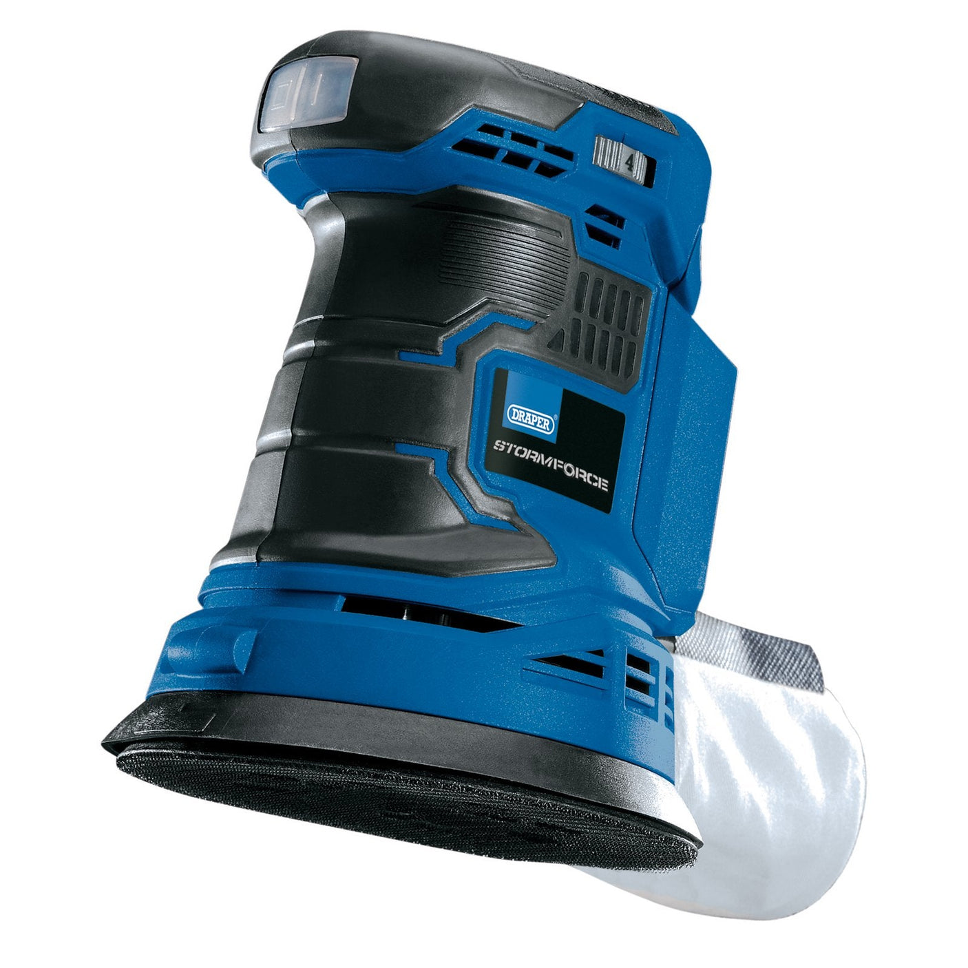 The Draper Storm Force® 20V Random Orbit Sander (Sold Bare) - CPS20SF, in electric blue and black, features orbital speed control and a convenient dust collection bag.