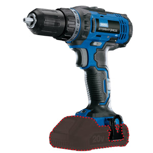 A blue and black Draper cordless power drill, the "Draper Storm Force® 20V Drill Driver (Sold Bare) - CD20SF", comes with a 20V interchangeable battery system outlined in red at the base and features 26 torque control positions.