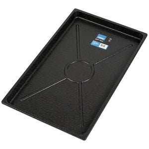 The Draper Drip Tray model DT795, with a capacity of 16.5 liters, is a rectangular black ABS plastic tray featuring raised edges and a circular design in the center. It includes two blue and white labels attached near one corner, making it ideal for containing water-based fluids or efficiently collecting oils.