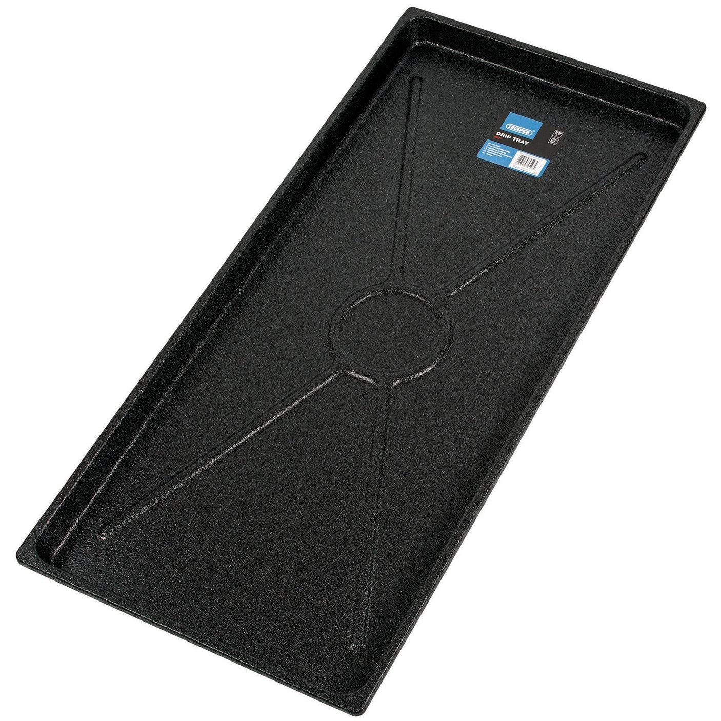 The Draper Drip Trays, 22L - DT1055 from Draper is a black rectangular utility drip tray featuring a grooved design and a centered circular depression, ideal for collecting oils and water-based fluids. It appears to be made of durable ABS plastic.