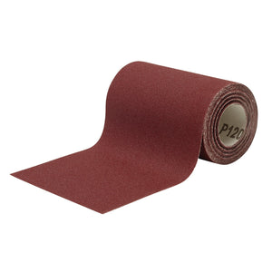 A Draper General Purpose Sanding Roll, 115mm X 5M, 120 Grit - SRR5 in red can be seen partially unrolled, featuring heavy-duty backing paper.