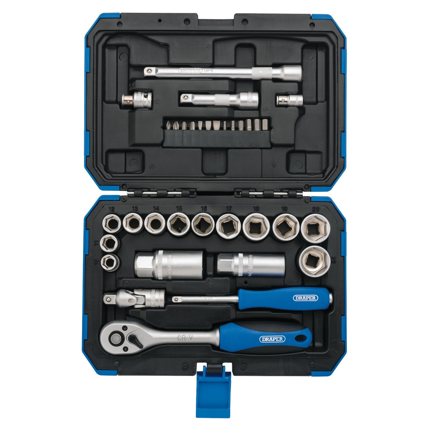 The Draper Metric Socket Set, 3/8" Sq. Dr. (34 Piece) - DD34M features a collection of various six-point socket sizes, reversible ratchets, and extensions, all crafted from durable chrome vanadium steel and organized in a blue and black plastic carrying case.