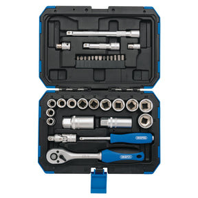 The Draper Metric Socket Set, 3/8" Sq. Dr. (34 Piece) - DD34M features a collection of various six-point socket sizes, reversible ratchets, and extensions, all crafted from durable chrome vanadium steel and organized in a blue and black plastic carrying case.