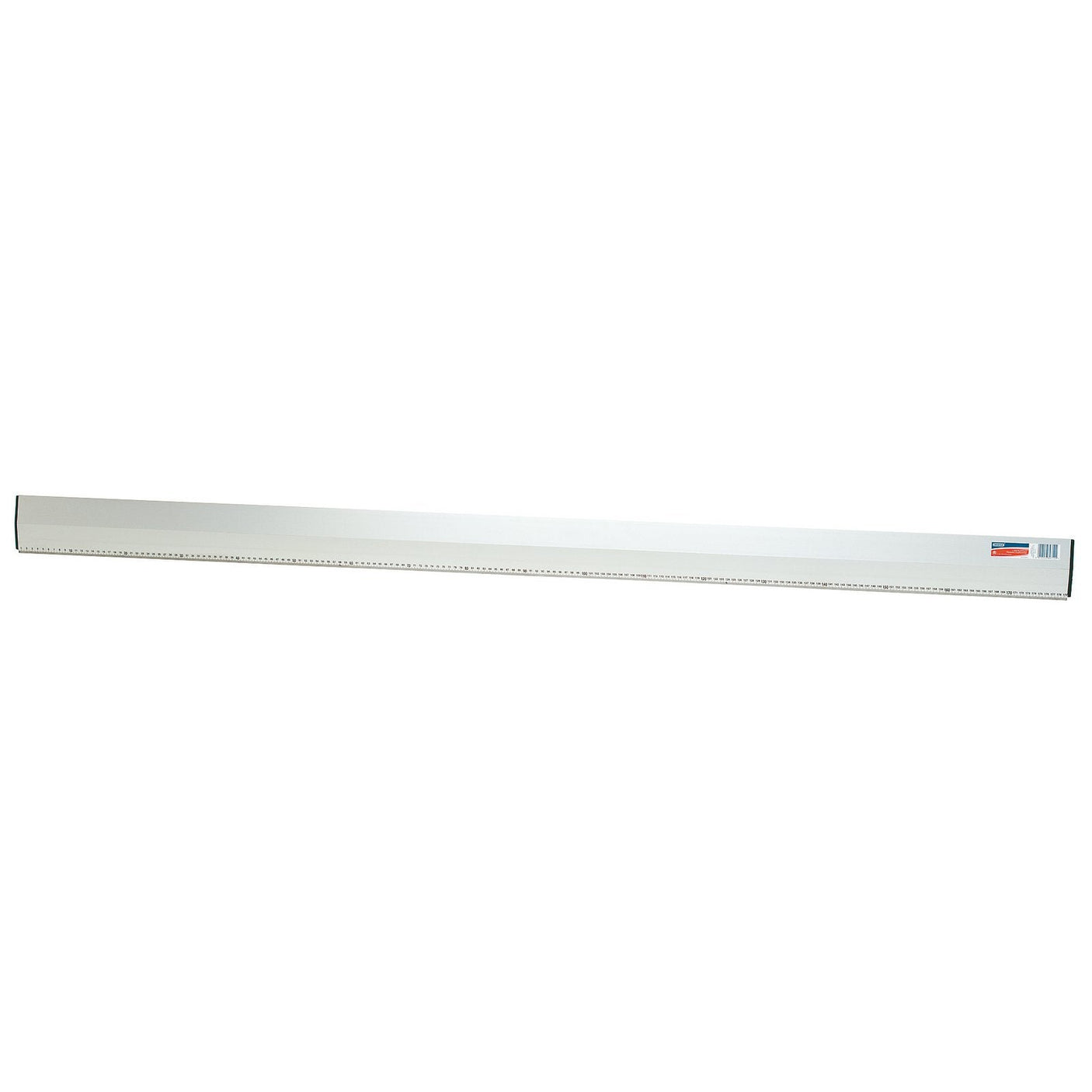 The Draper Plasterer's Featheredge, 1800 X 100mm - FE1800, is a long, white, metal ruler crafted from lightweight aluminium. It features a measurement scale and has a small red and blue label at the end. Designed with a tapered edge, it's perfect for smoothing plasterwork.