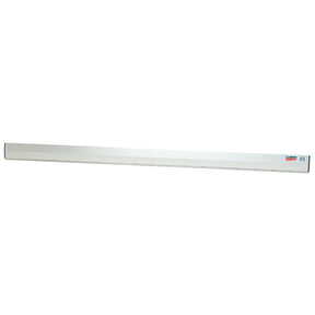 The Draper Plasterer's Featheredge, 1800 X 100mm - FE1800, is a long, white, metal ruler crafted from lightweight aluminium. It features a measurement scale and has a small red and blue label at the end. Designed with a tapered edge, it's perfect for smoothing plasterwork.