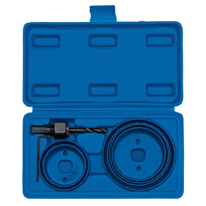 The Draper Downlight Holesaw Kit (9 Piece) - DLHSK, by Draper, is a blue plastic case that contains a comprehensive set for precise downlight installation, featuring high carbon steel blades, an arbor with a drill bit, and a hex key.