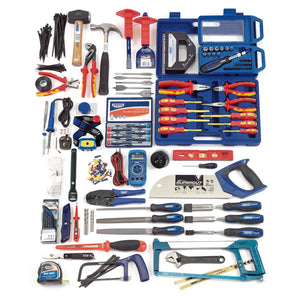 The Draper Electricians Tool Kit - DTKELEC, an extensive collection of hand tools and accessories by Draper, features screwdrivers, pliers, a saw, a hammer, wrenches, and more, all neatly arranged on a white background.