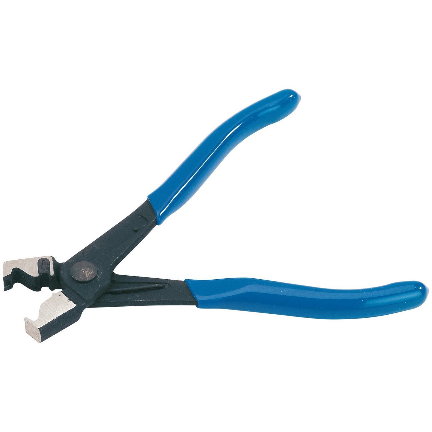 The Draper Clic And Clic-R Hose Clamp Tool, 180mm - HCP2, is a pair of blue-handled pliers with a black metal body, featuring spring-loaded forged handles and a specialized jaw for gripping and manipulating objects.